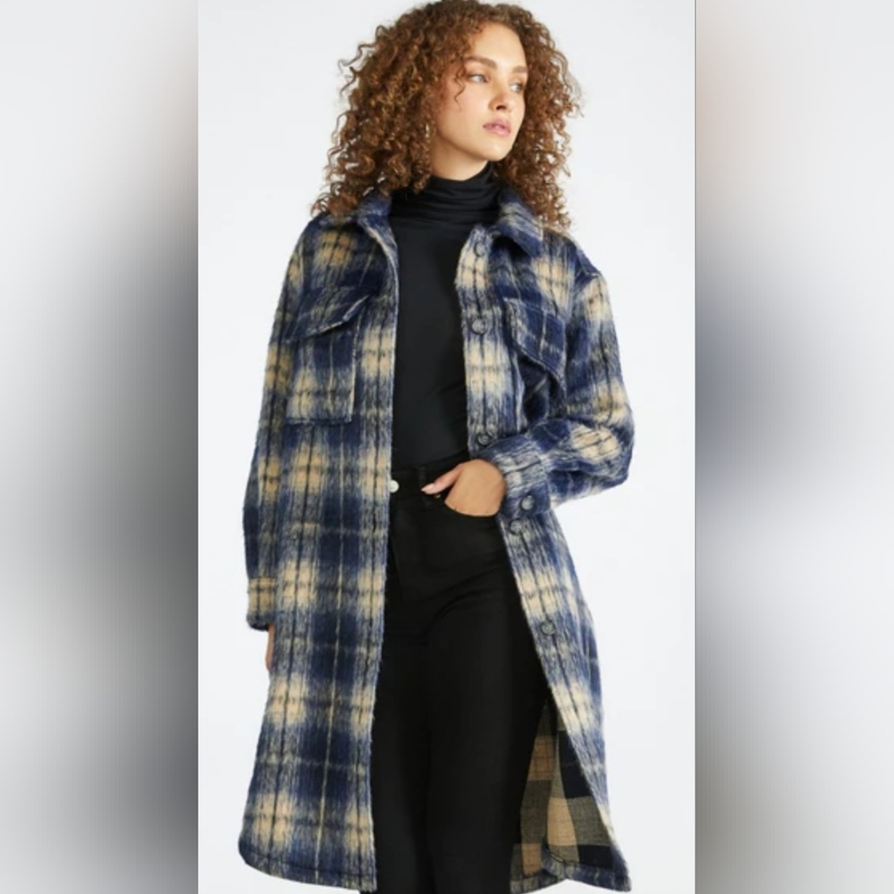 Shoe Dazzle Blue and Cream Checkered Teddy Jacket